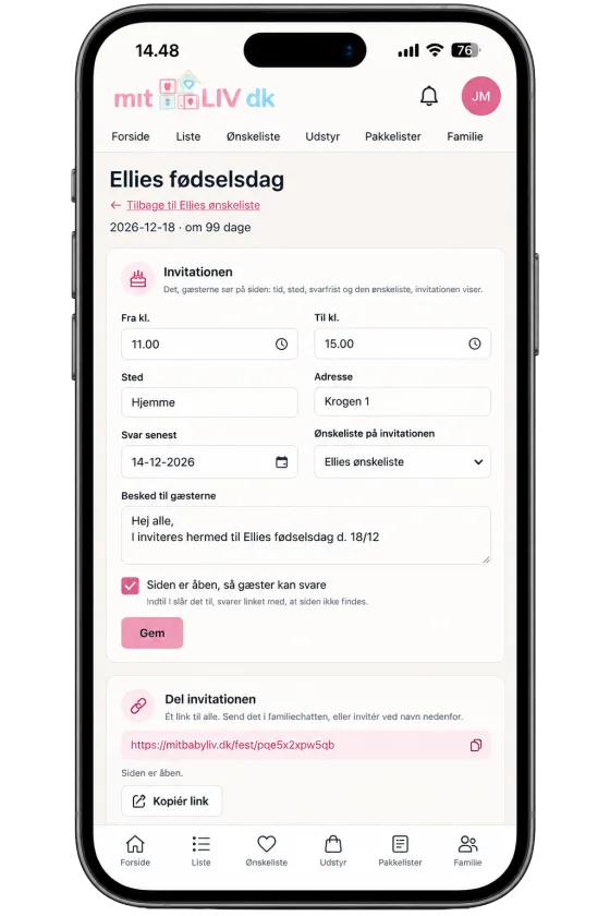En begivenhed i appen: tid, sted, svarfrist, ønskelisten på invitationen og et link at dele.