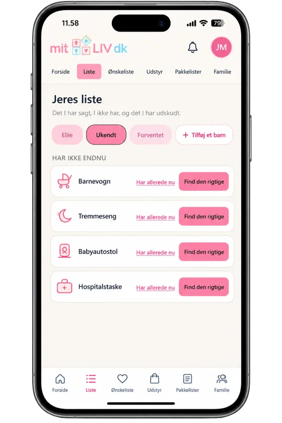 Jeres liste i appen: barnevogn, tremmeseng, babyautostol og hospitalstaske, hver med en knap til at finde den rigtige.