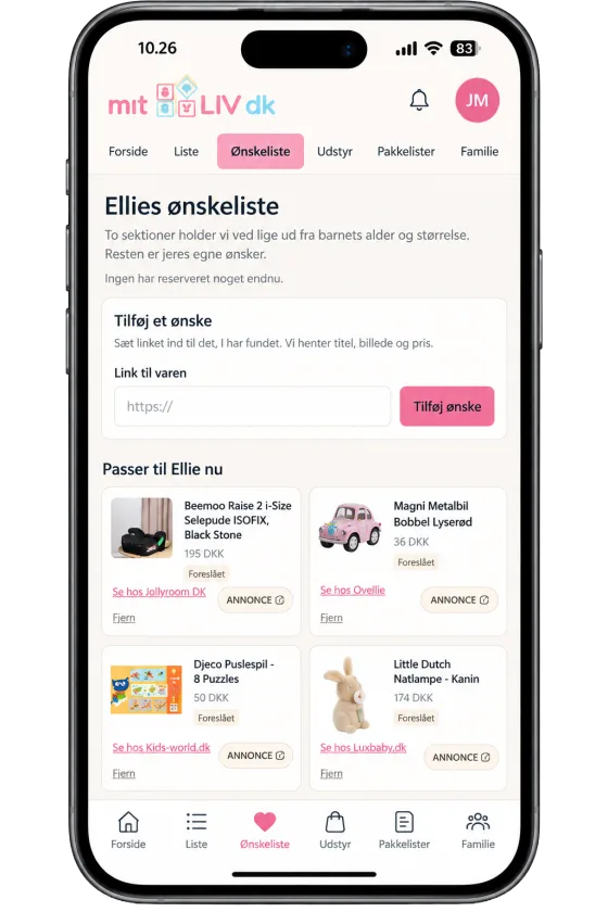 Ønskelisten i appen: et felt til at sætte et link ind, og forslag der passer til barnet lige nu.