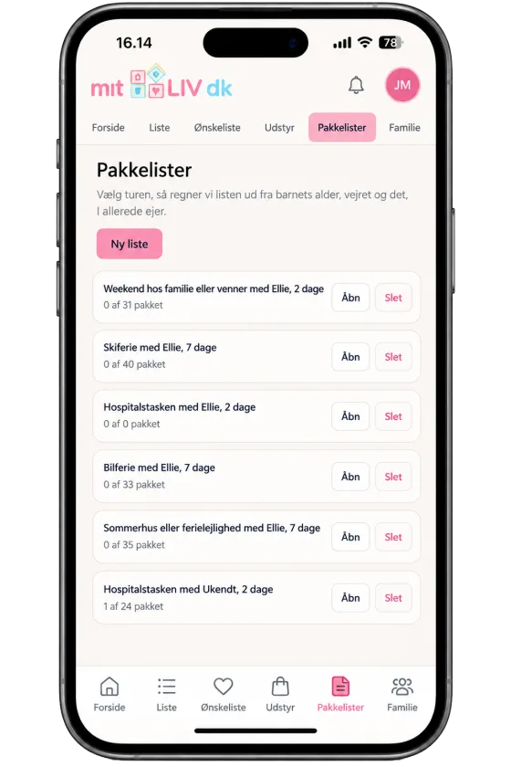 Pakkelister i appen: hospitalstasken, weekenden, skiferien, hver med hvor meget der er pakket.